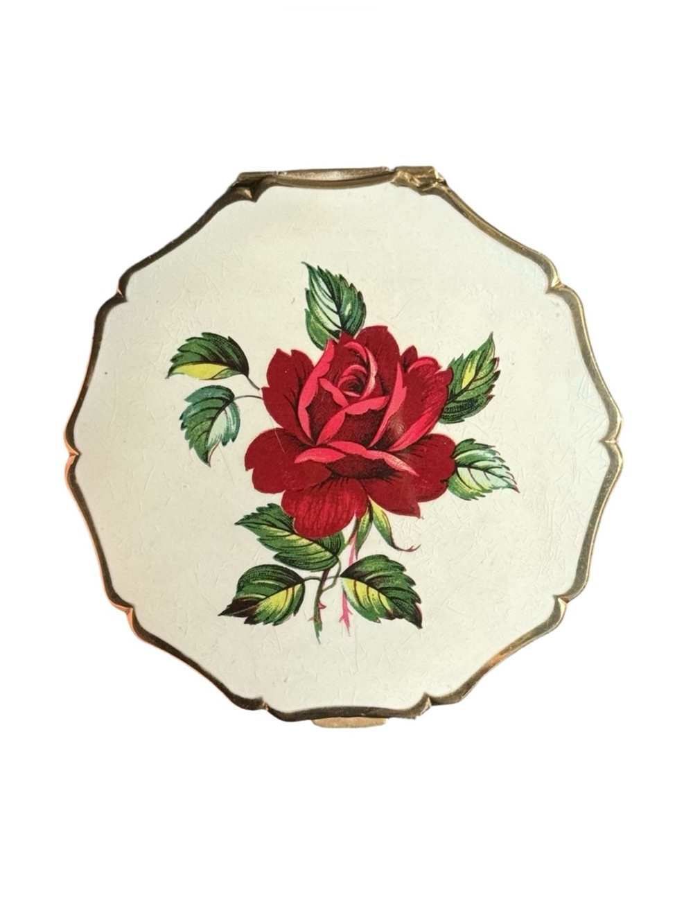 Vintage Mid Century Stratton Cream Enamel Red Rose Floral Scalloped Compact